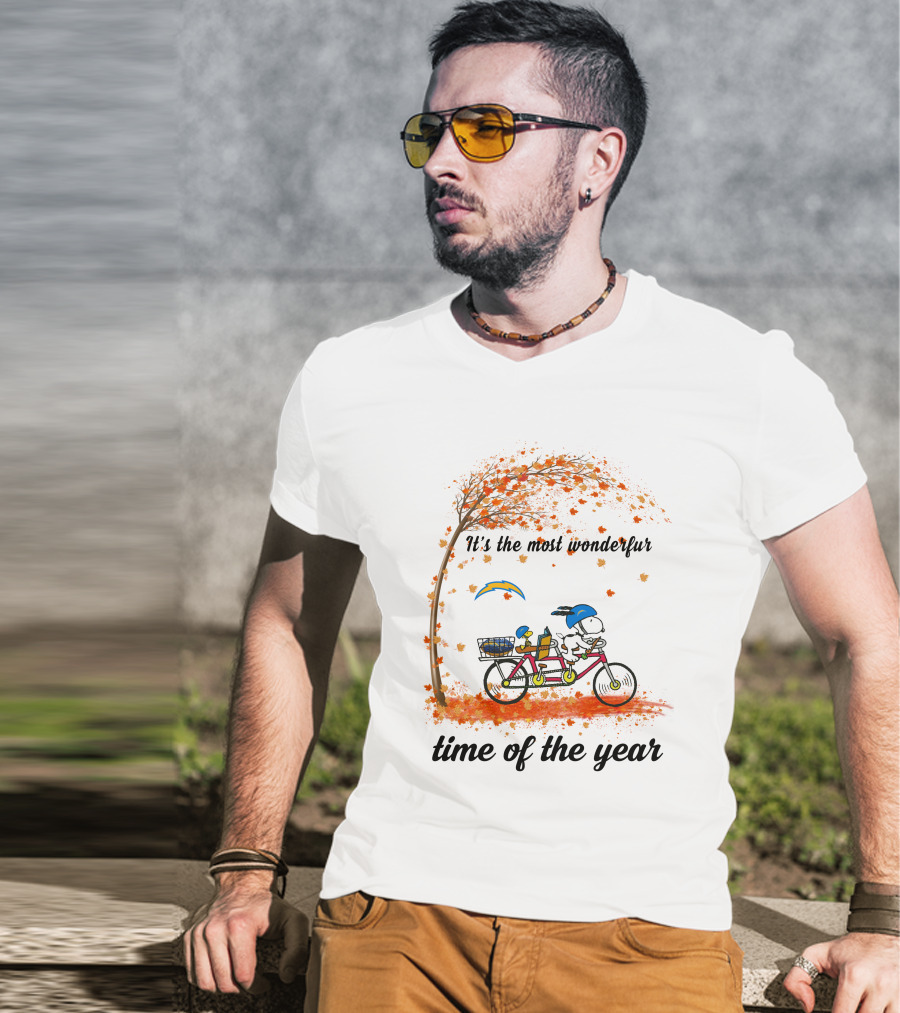 Los Angeles Chargers It's The Most Wonderful Time Of The Year Tandem Bicycle Autumn Leaves T-Shirt