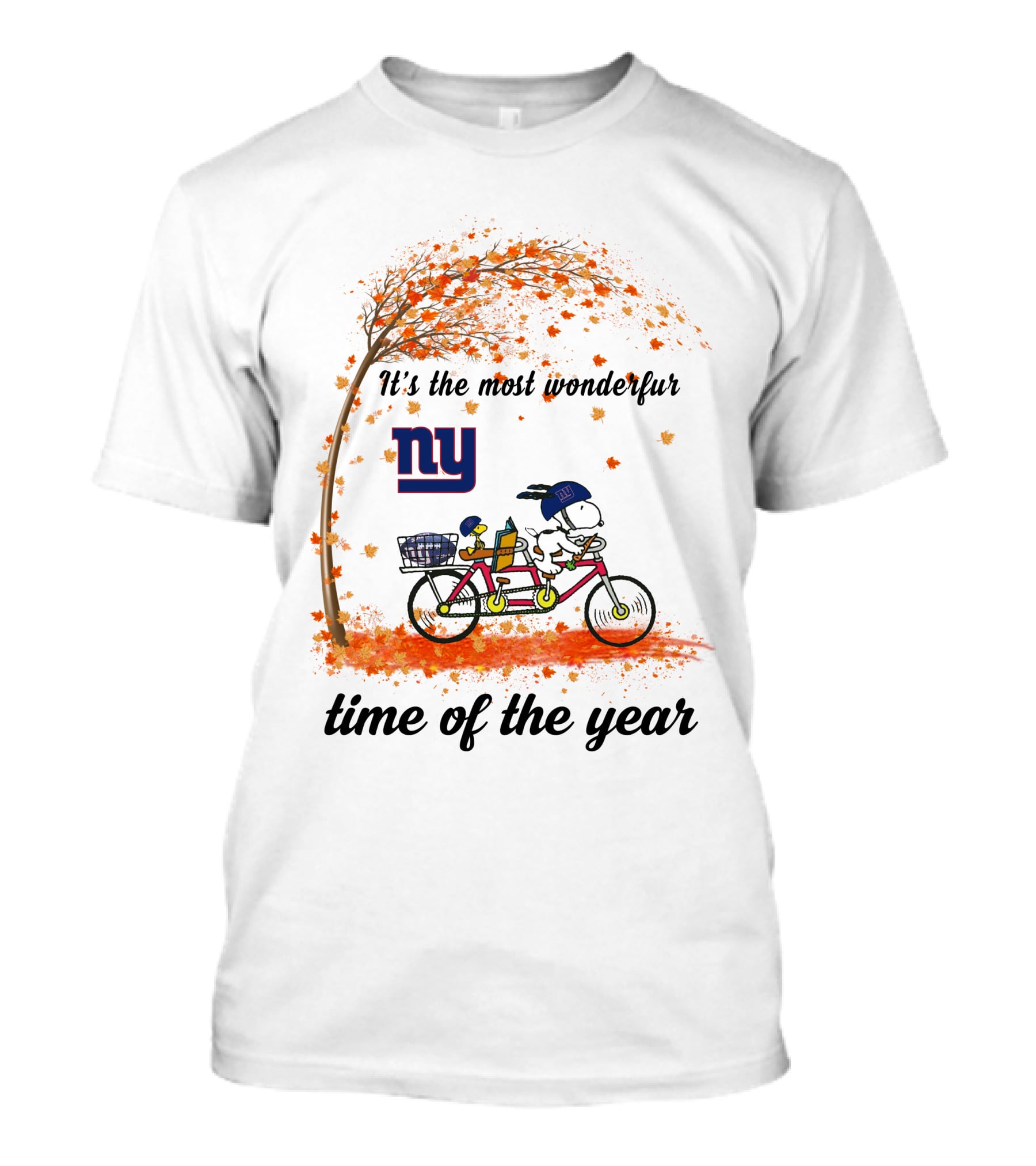 New York Giants Snoopy Autumn Bicycle It's The Most Wonderful Time Of The Year T-Shirt