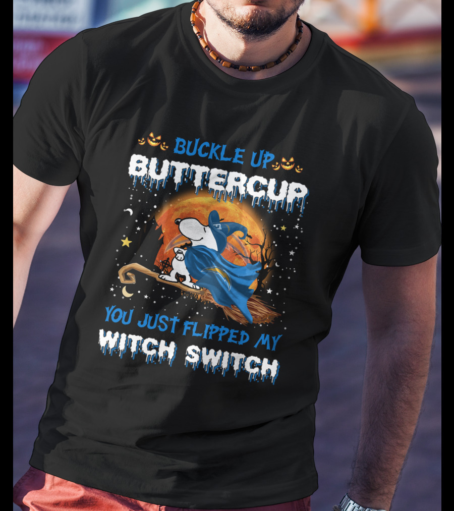 Buckle Up Buttercup You Just Flipped My Witch Switch Snoopy Los Angeles Chargers Halloween T-Shirt