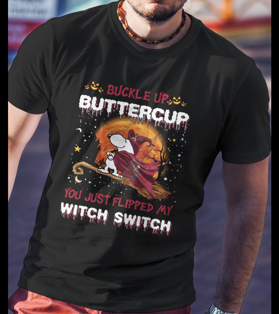 Buckle Up Buttercup You Just Flipped My Witch Switch Snoopy Broomstick Halloween Moon T-Shirt