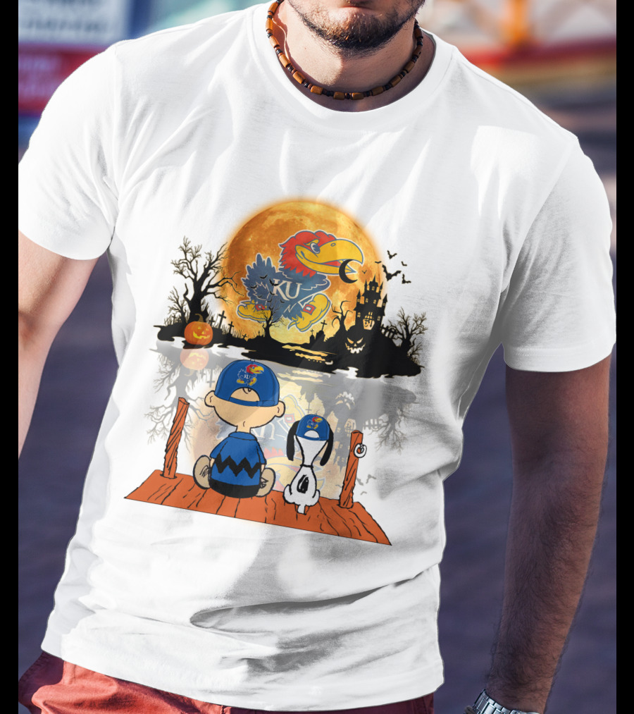 Kansas Jayhawks Halloween KU  Peanuts Moon Charlie Brown Snoopy Pumpkin T-Shirt