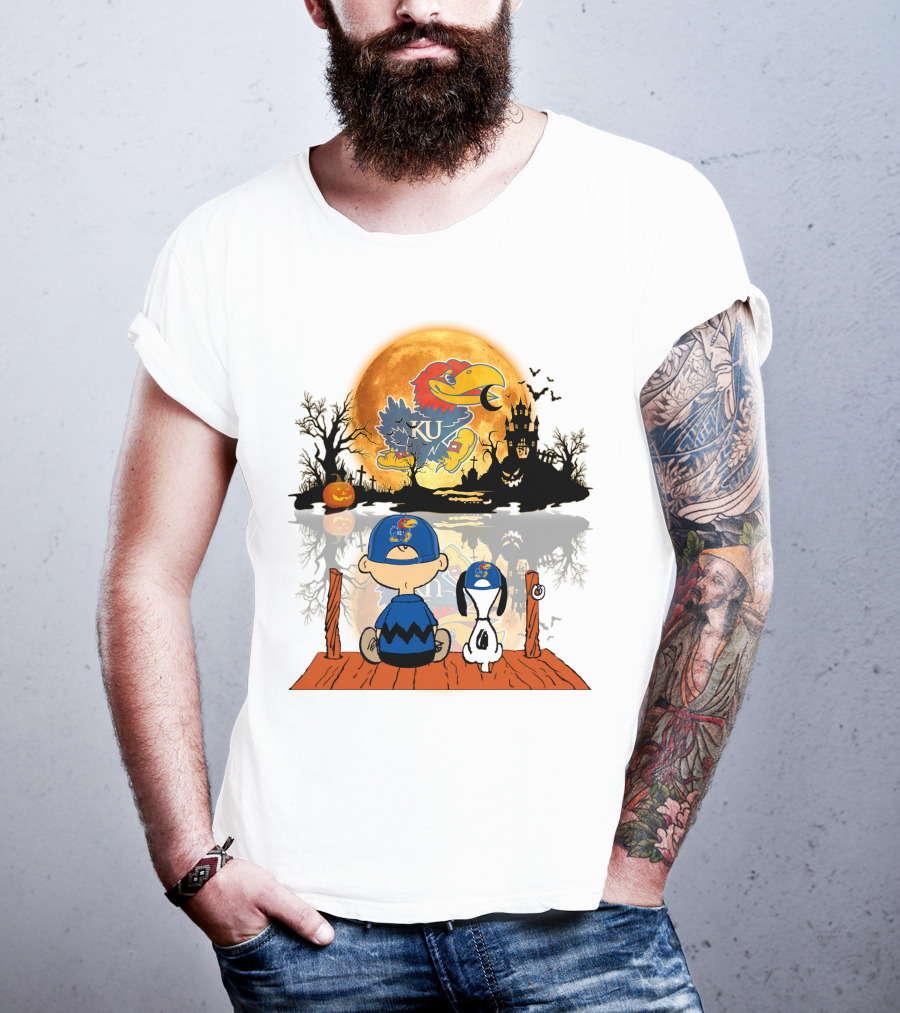 Kansas Jayhawks Halloween KU  Peanuts Moon Charlie Brown Snoopy Pumpkin T-Shirt