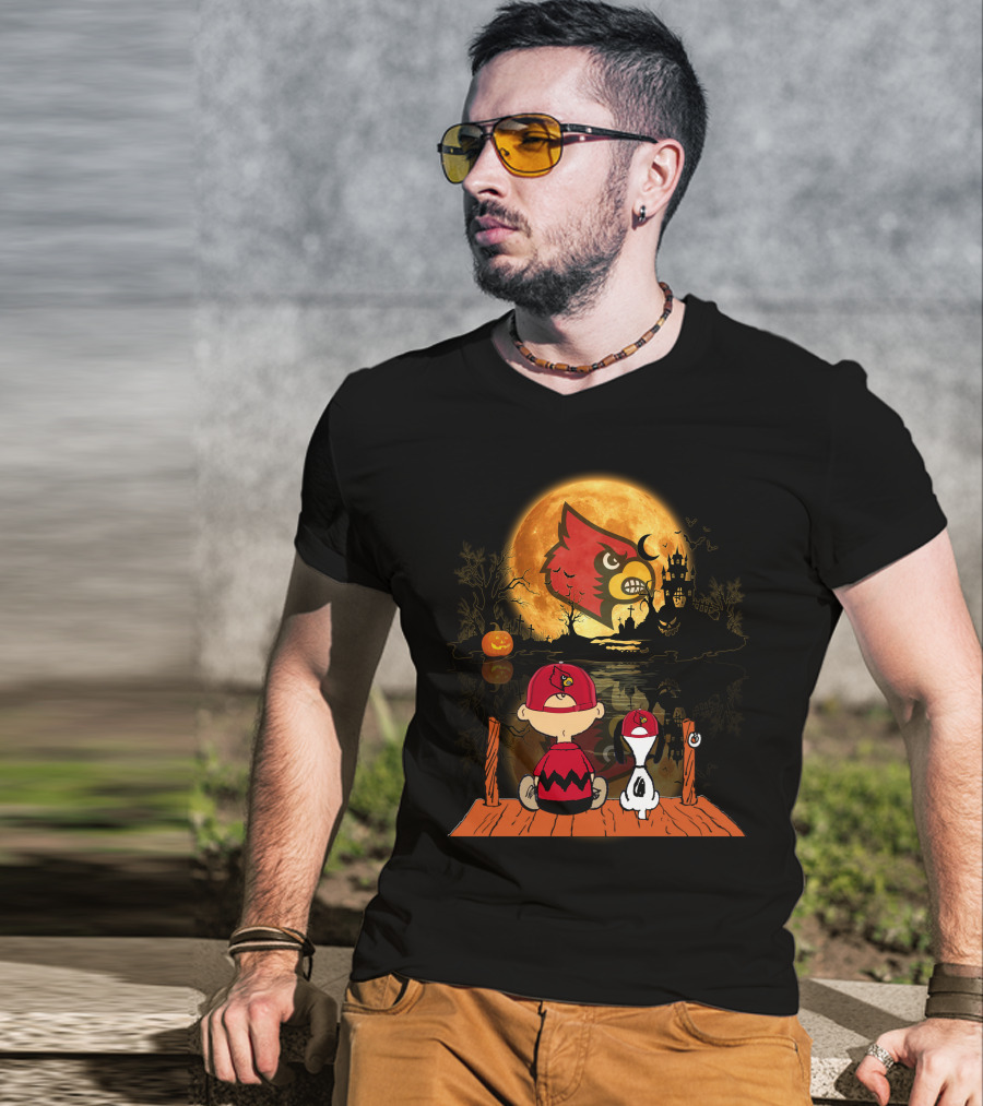Louisville Cardinals Halloween Moon Scene With Characters And Haunted House T-Shirt