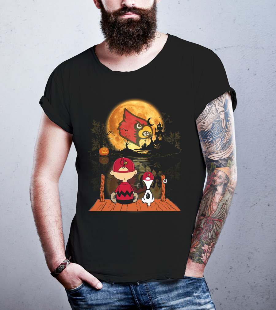 Louisville Cardinals Halloween Moon Scene With Characters And Haunted House T-Shirt