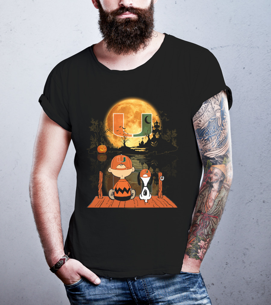 Miami Hurricanes Halloween Full Moon U Logo Charlie And Snoopy Scene T-Shirt