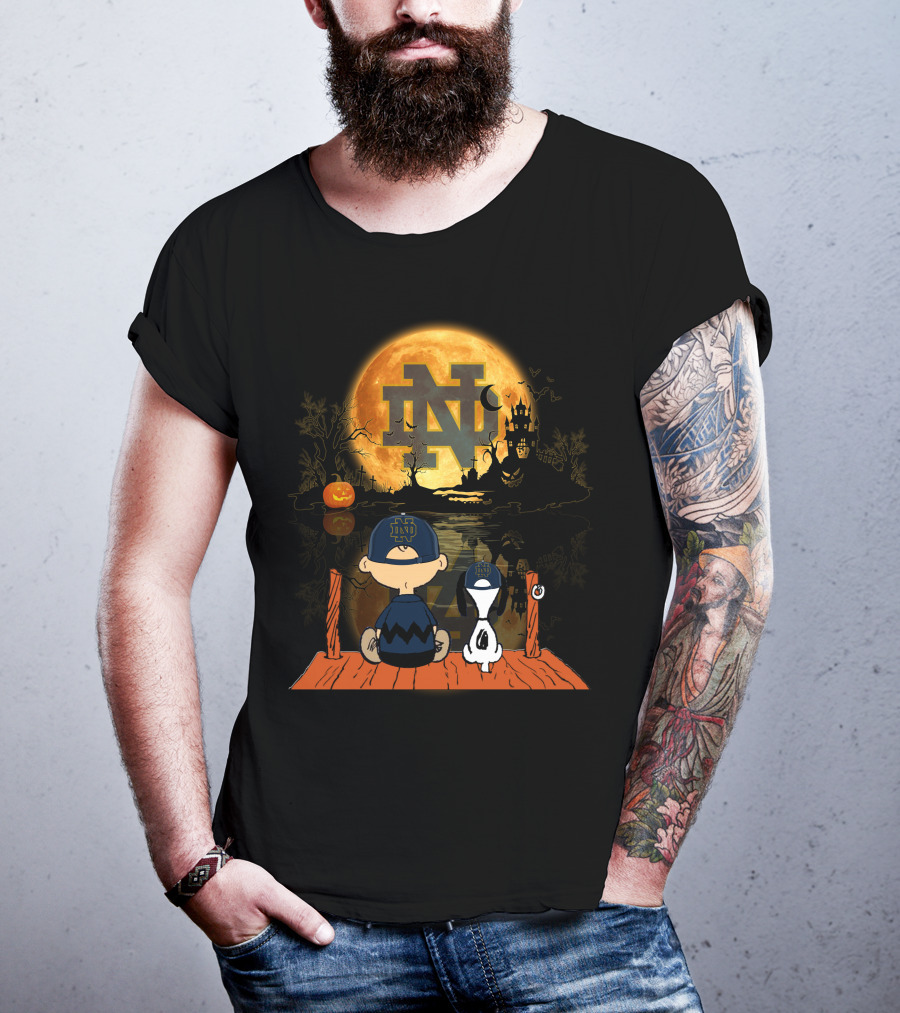 Notre Dame Fighting Irish Halloween Moonlit Scene With Peanuts Characters T-Shirt