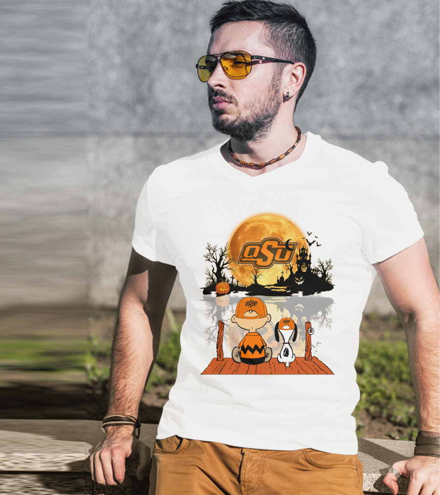 Oklahoma State Cowboys Halloween OSU Moon Charlie And Snoopy T-Shirt