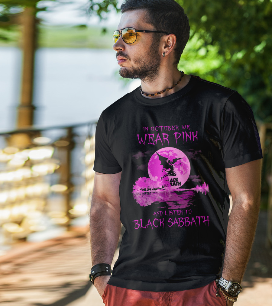 In October We Wear Pink With Black Sabbath Bat Silhouette And Pink Moon Reflection T-Shirt