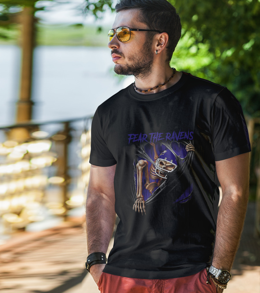 Fear The Ravens Baltimore NFL Skeleton Ravens Helmet Tear T-Shirt