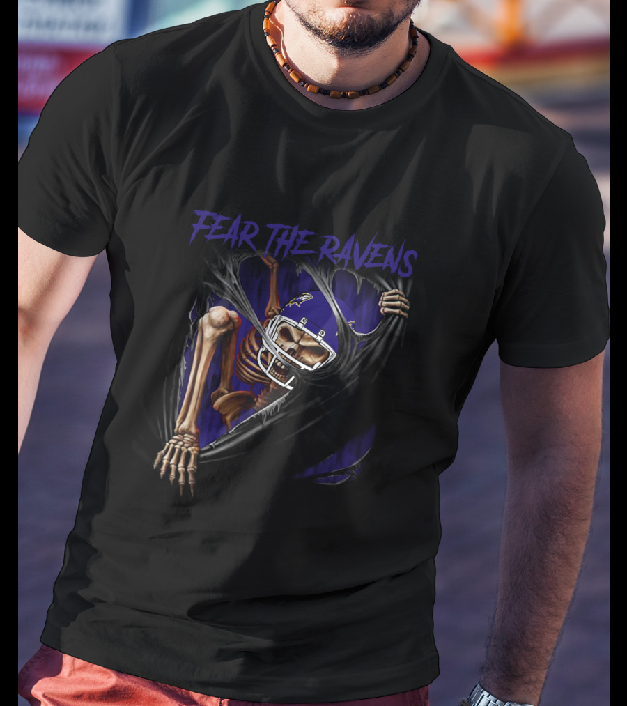 Fear The Ravens Baltimore NFL Skeleton Ravens Helmet Tear T-Shirt