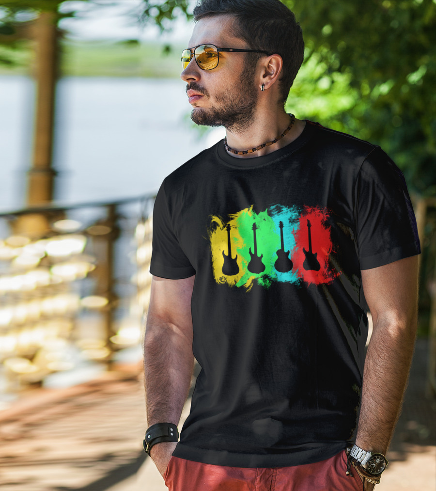Colored Guitars Electric Acoustic Silhouette Yellow Green Blue Red T-Shirt