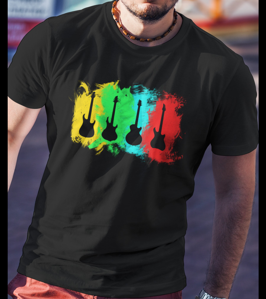 Colored Guitars Electric Acoustic Silhouette Yellow Green Blue Red T-Shirt