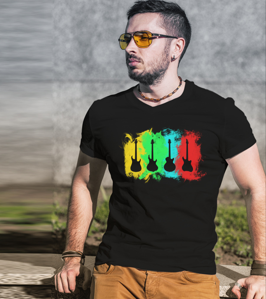 Colored Guitars Electric Acoustic Silhouette Yellow Green Blue Red T-Shirt