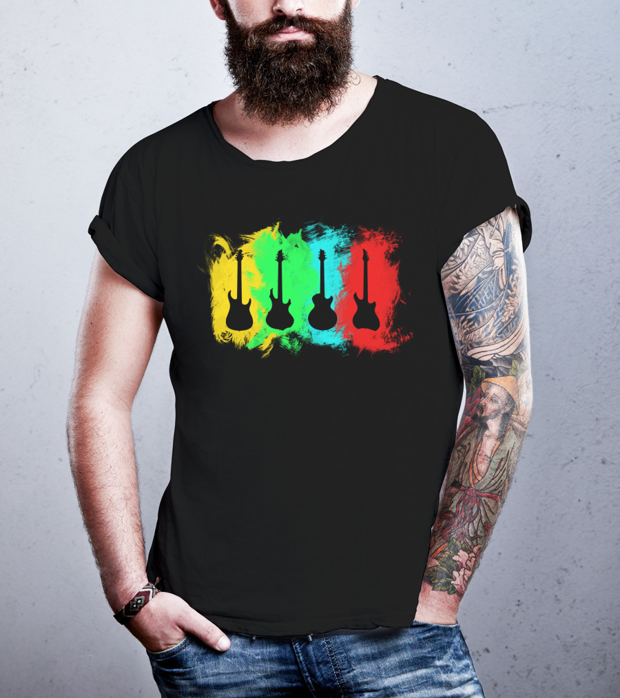 Colored Guitars Electric Acoustic Silhouette Yellow Green Blue Red T-Shirt
