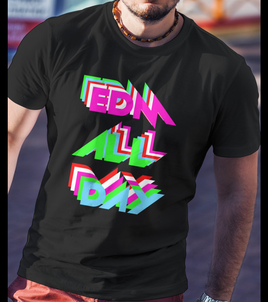 EDM All Day Cool Neon Anaglyph Style Rave Black Ink T-Shirt