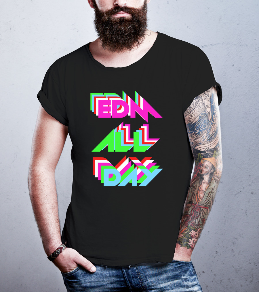 EDM All Day Cool Neon Anaglyph Style Rave Black Ink T-Shirt
