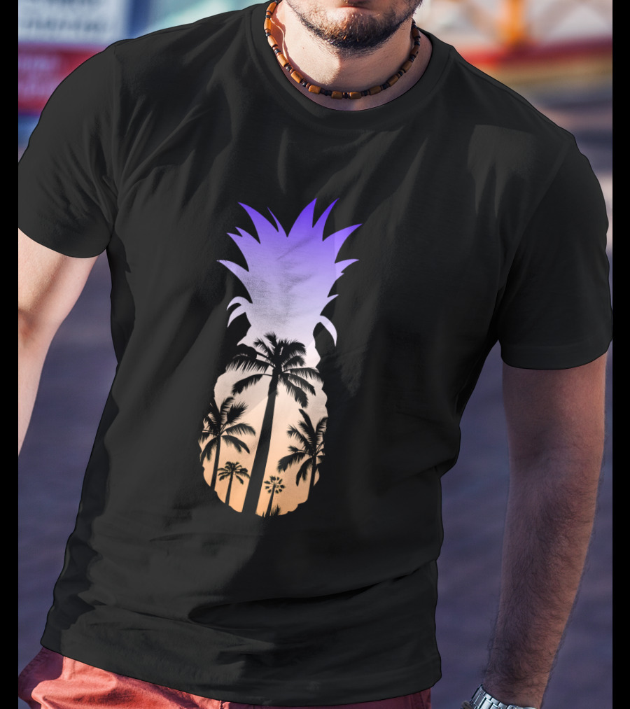 Pineapple Palm Tree Beach Sunset Scene T-Shirt