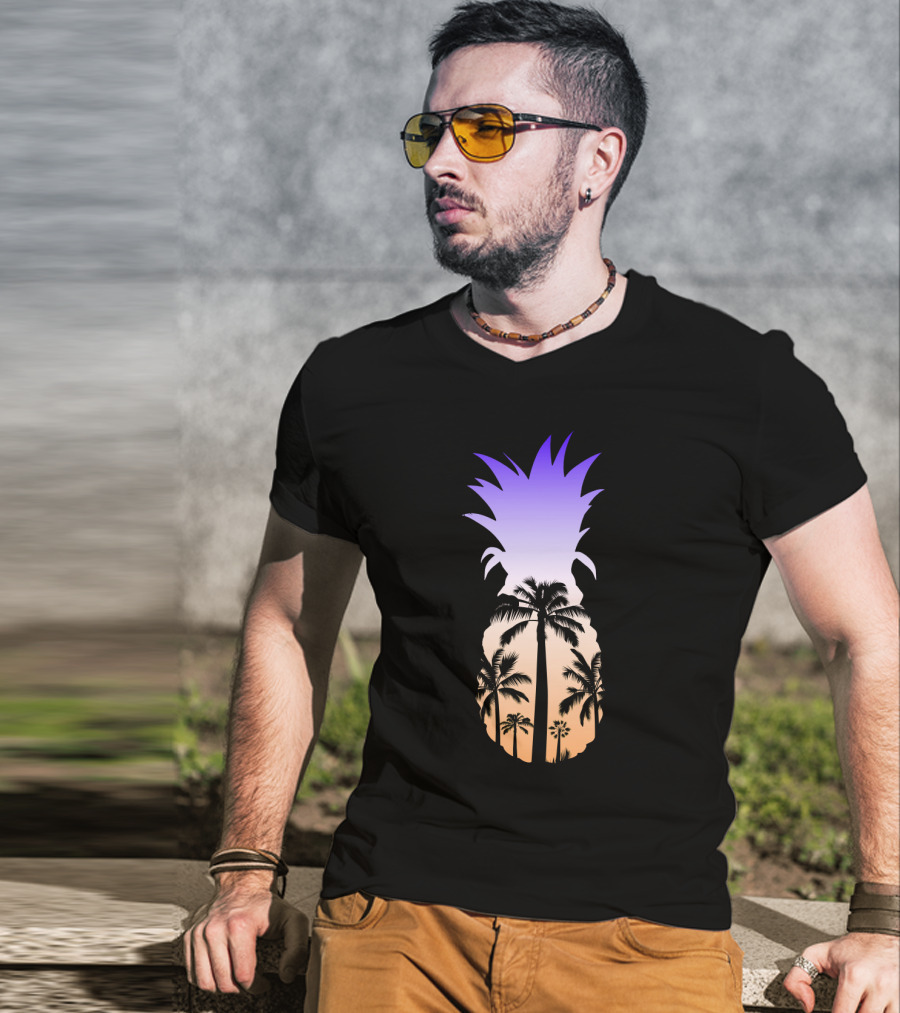 Pineapple Palm Tree Beach Sunset Scene T-Shirt