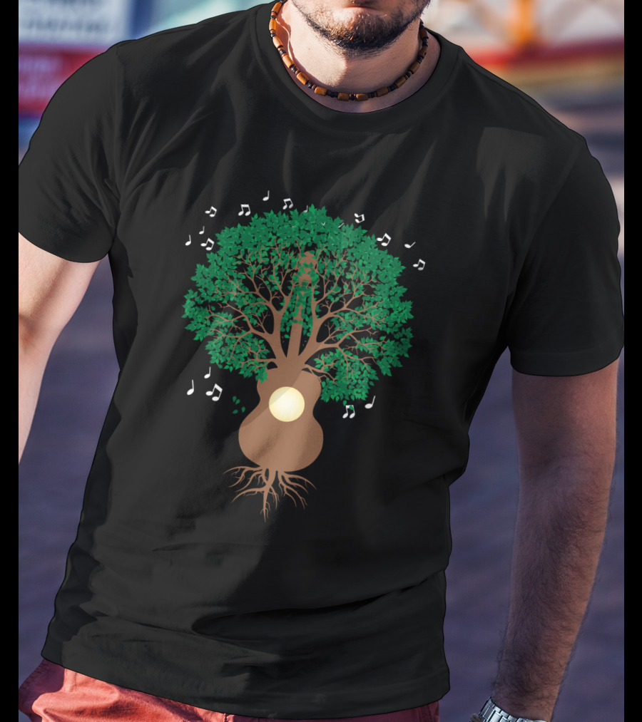 Cool Guitar Acoustic Adventure Tree With Musical Notes T-Shirt