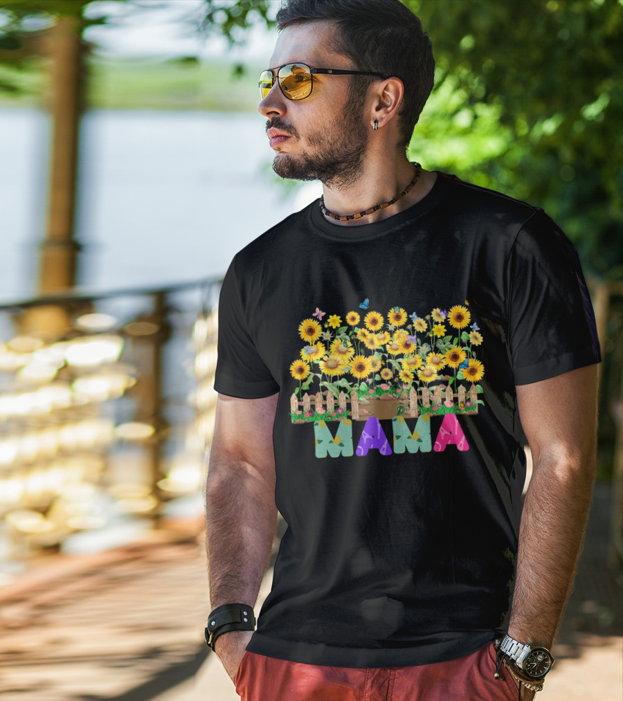 MAMA Sunflower Garden With Butterflies And Flowers T-Shirt