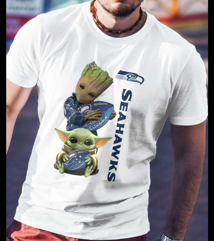 Baby Groot And Baby Yoda Hugging Seahawks Football T-Shirt