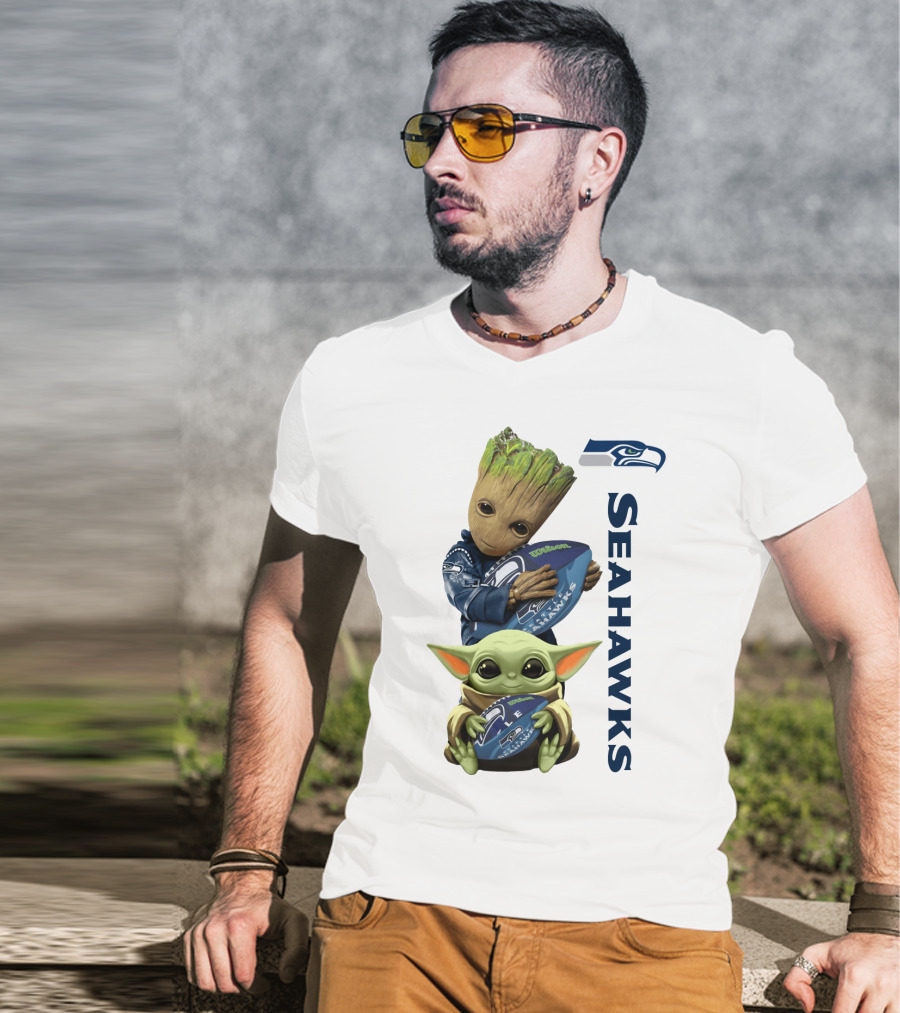 Baby Groot And Baby Yoda Hugging Seahawks Football T-Shirt