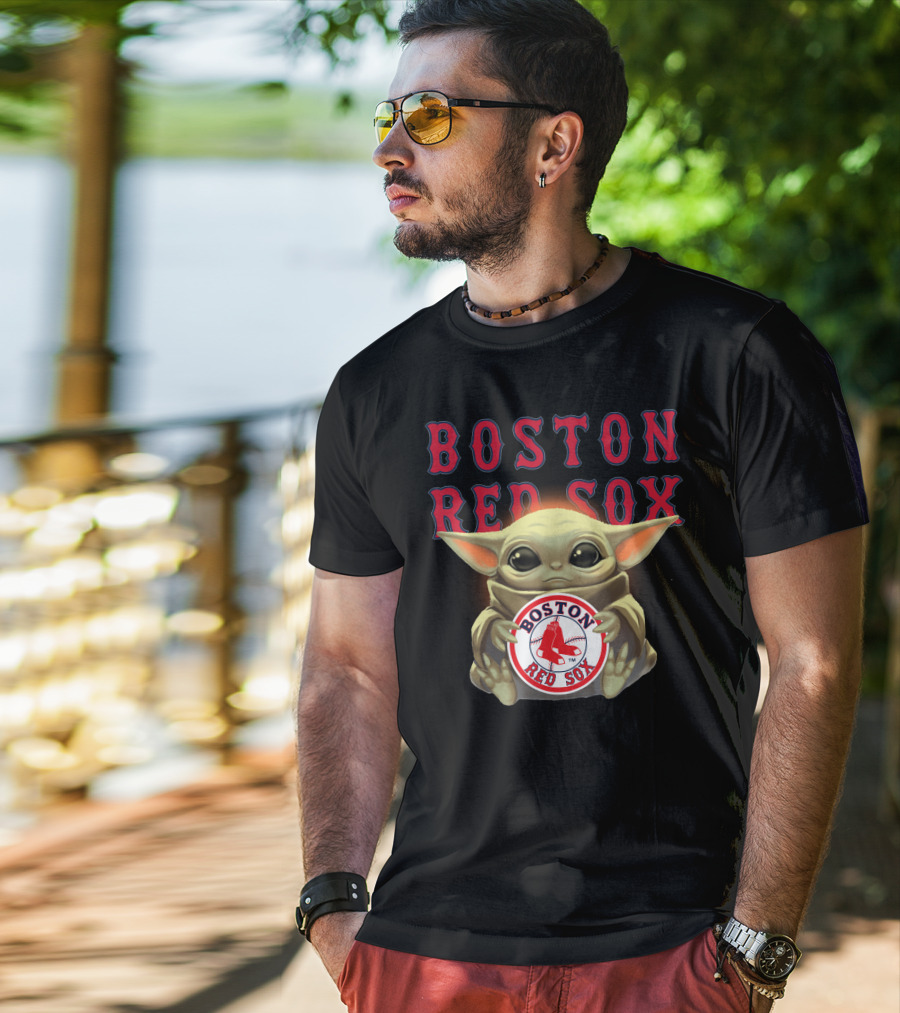 Boston Red Sox Baby Yoda Hugging Red Sox Emblem T-Shirt