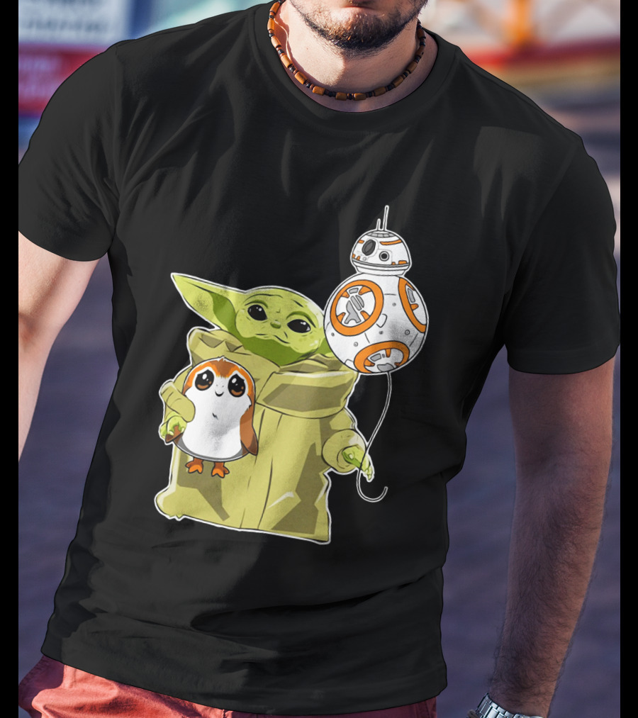 Baby Yoda Hug Sad Porg With BB-8 Balloon T-Shirt