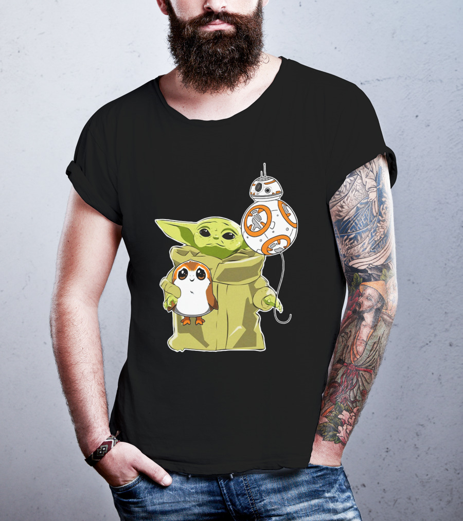 Baby Yoda Hug Sad Porg With BB-8 Balloon T-Shirt