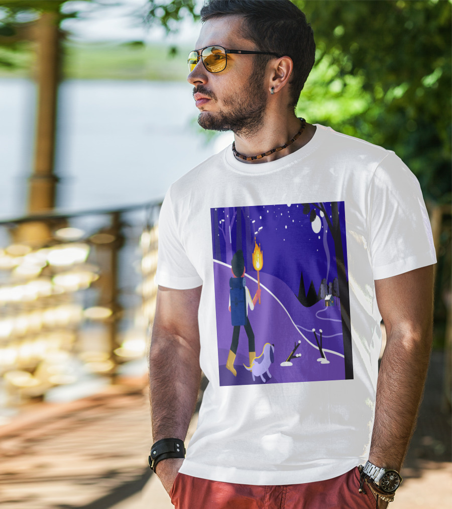 Nighttime Hiker With Backpack And Dog Under Moonlit Sky T-Shirt