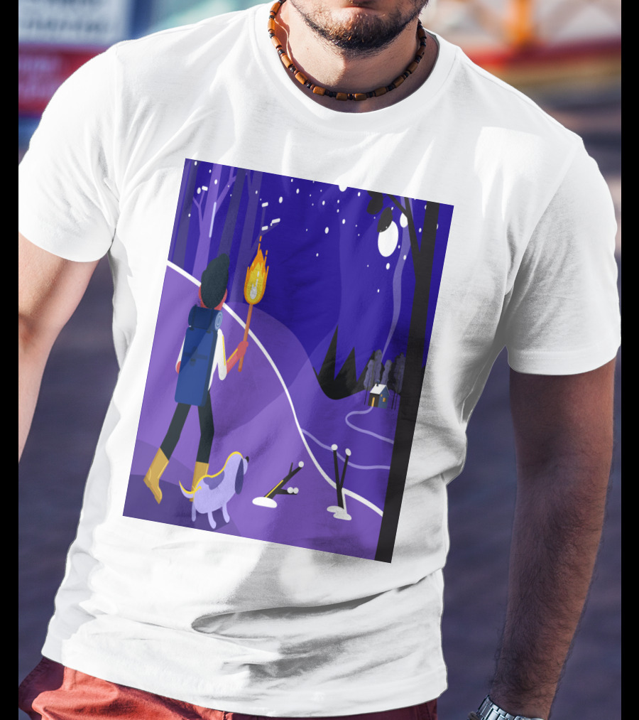 Nighttime Hiker With Backpack And Dog Under Moonlit Sky T-Shirt