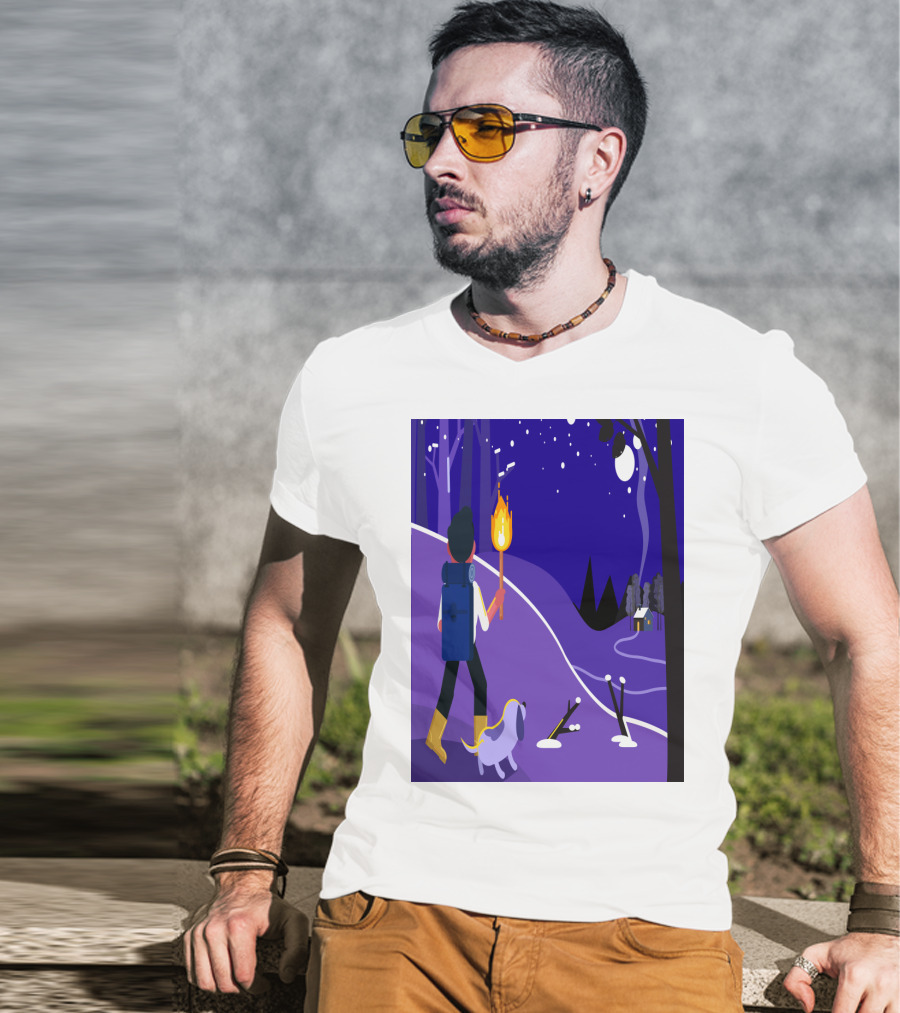 Nighttime Hiker With Backpack And Dog Under Moonlit Sky T-Shirt