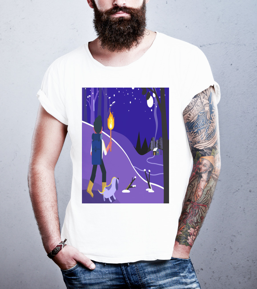 Nighttime Hiker With Backpack And Dog Under Moonlit Sky T-Shirt