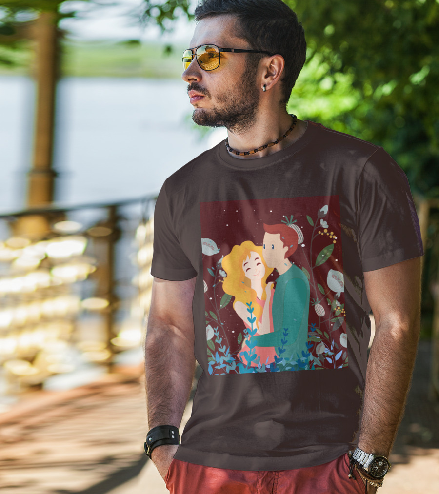 Lover Dating Romantic Embrace Amidst Floral Background T-Shirt