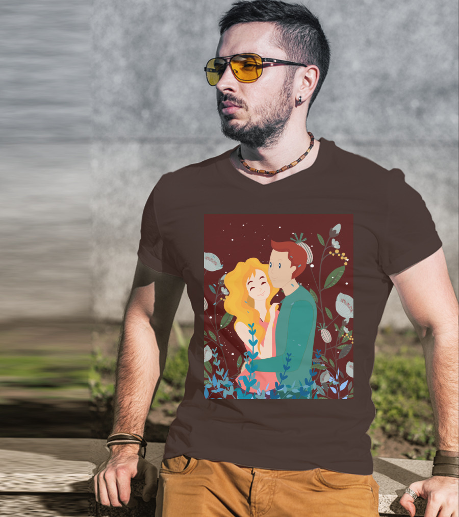 Lover Dating Romantic Embrace Amidst Floral Background T-Shirt