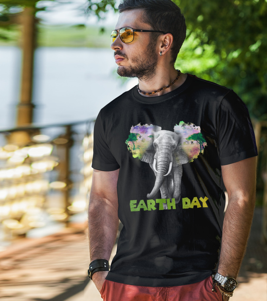 Earth Day Elephant With Vibrant Nature Trees And Colors T-Shirt