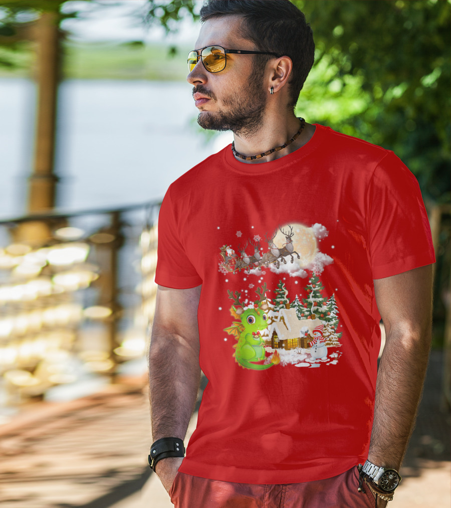 Santa's Sleigh Ride Over Snowy Village With Festive Dragon T-Shirt
