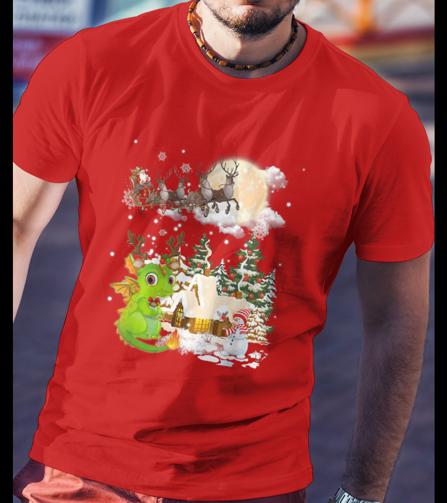 Santa's Sleigh Ride Over Snowy Village With Festive Dragon T-Shirt