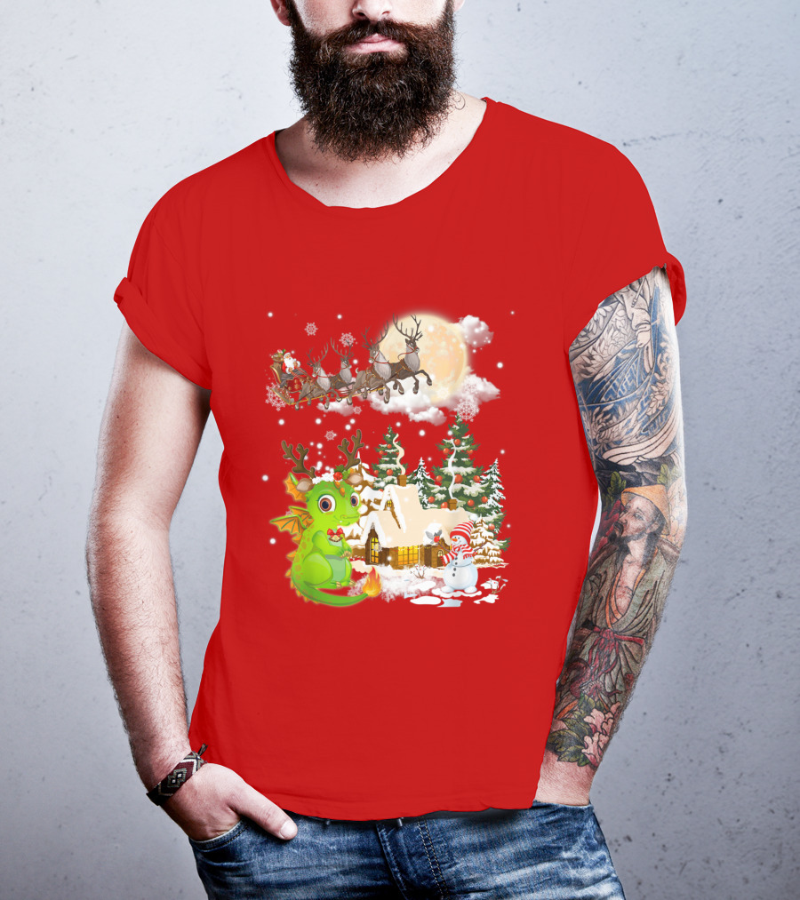 Santa's Sleigh Ride Over Snowy Village With Festive Dragon T-Shirt