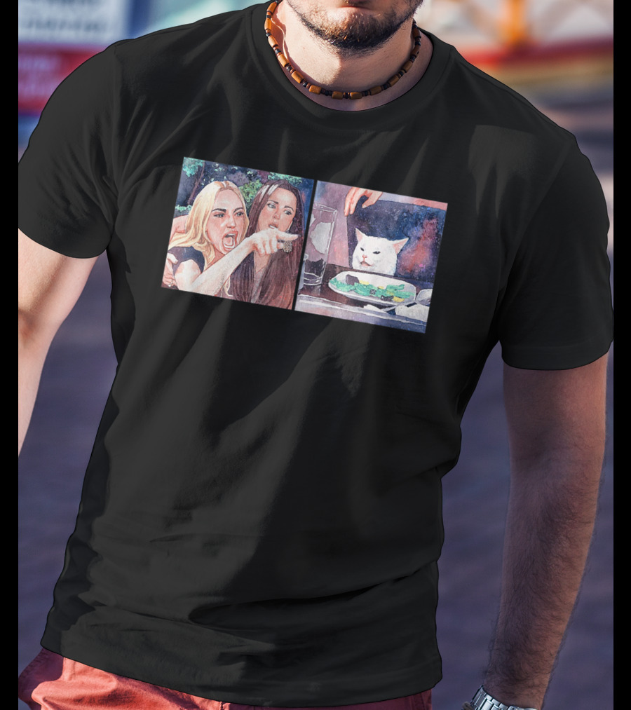 Angry Women Pointing At Indifferent Cat Sitting At Dining Table T-Shirt