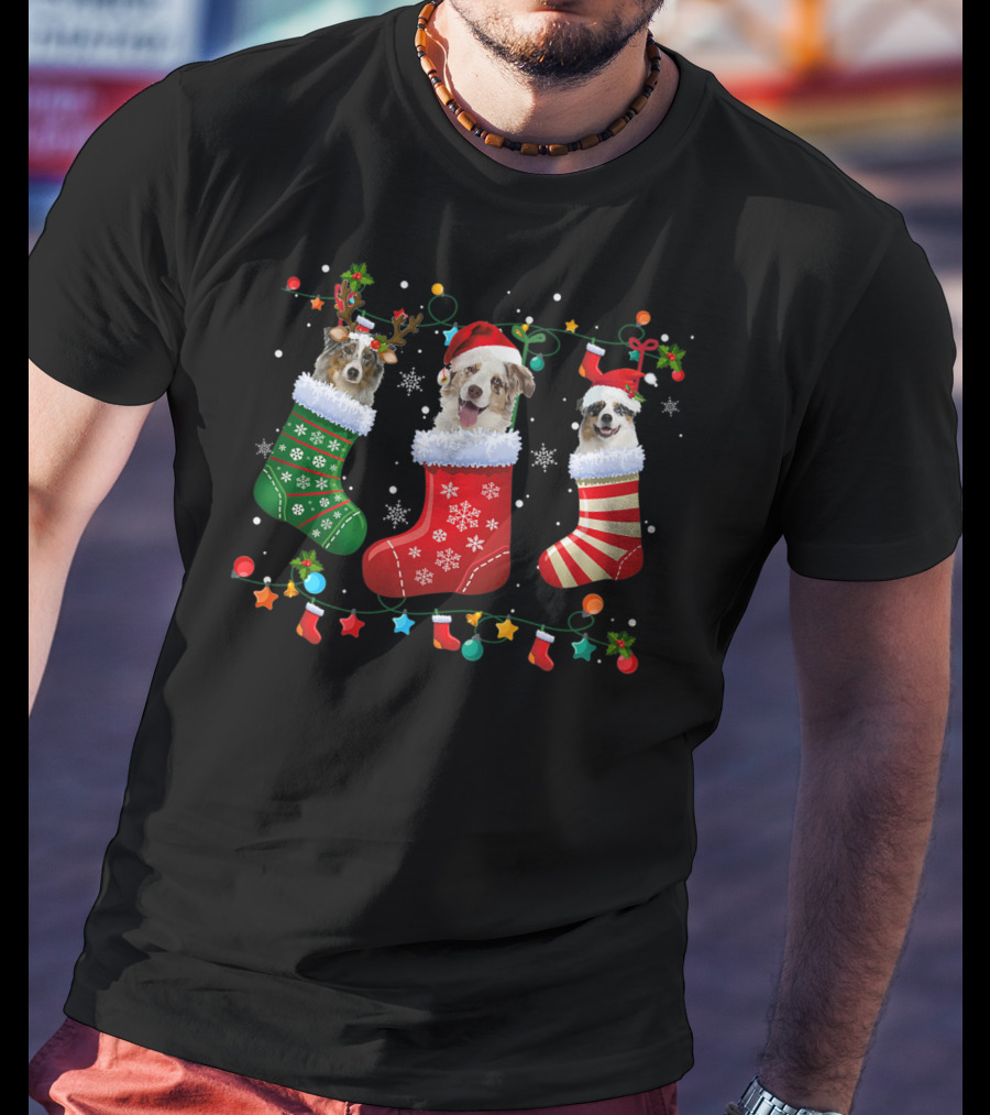 Australian Shepherd Dog Christmas Stocking Santa Hat Reindeer Antlers Snowflakes T-Shirt