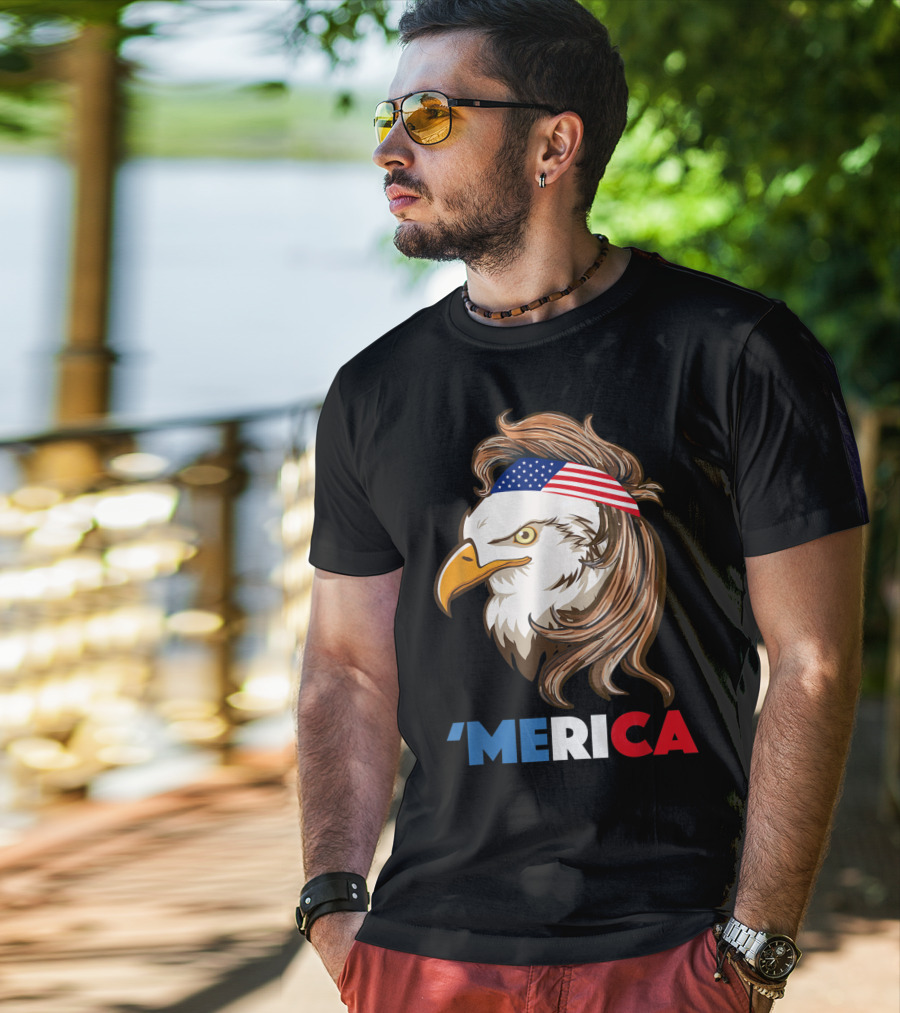 'Merca Bald Eagle Mullet American Flag Headband T-Shirt
