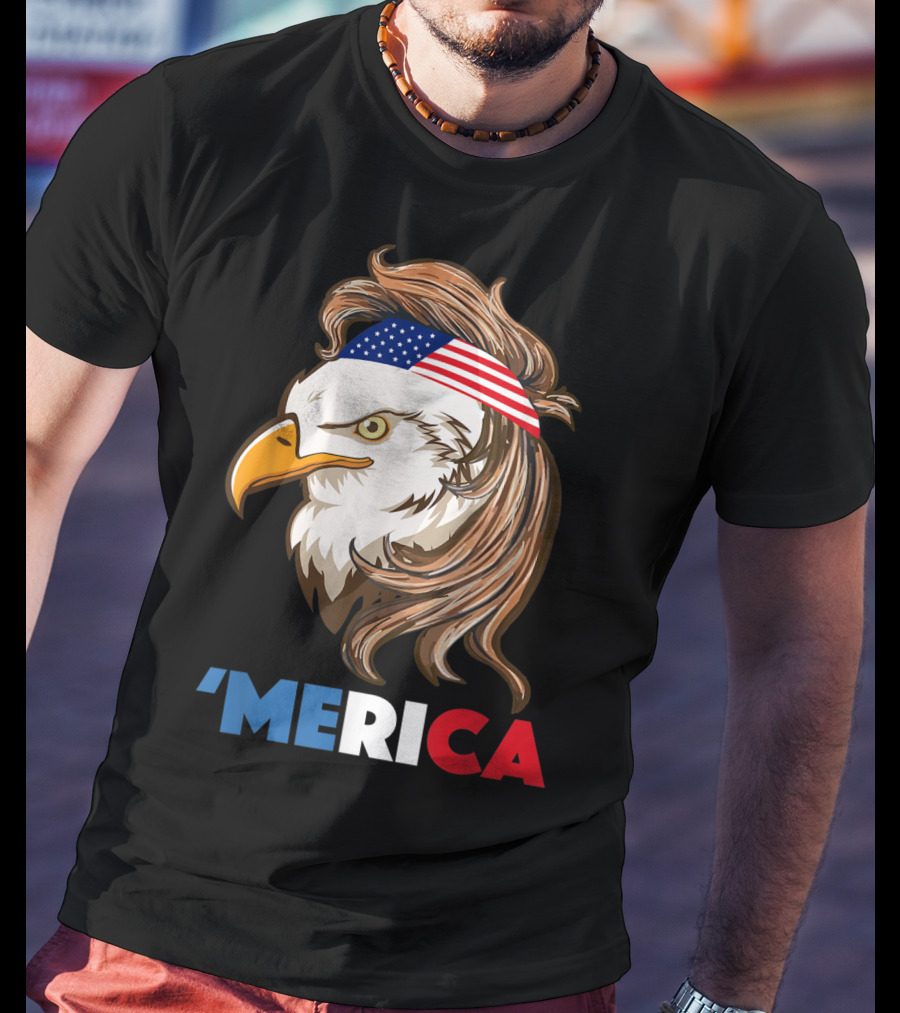 'Merca Bald Eagle Mullet American Flag Headband T-Shirt
