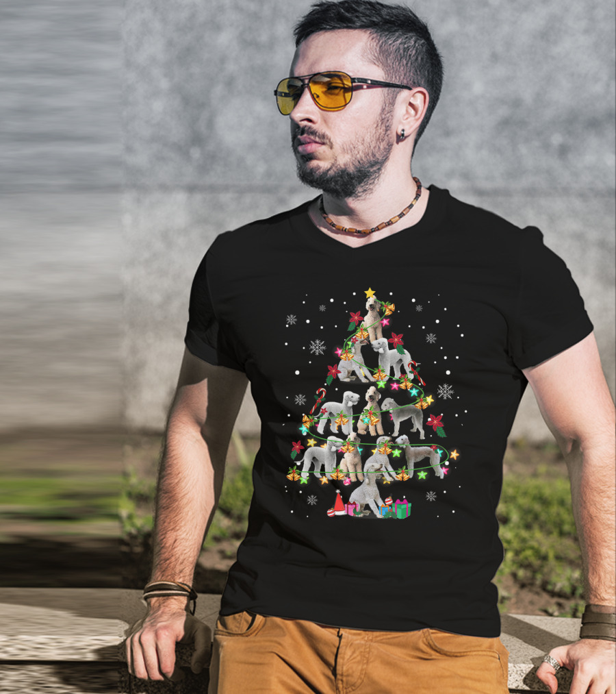 Bedlington Terrier Christmas Tree With Snowflakes And Gifts T-Shirt