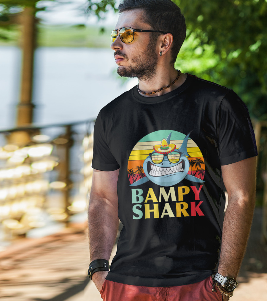 Bampy Shark Grandad From Grandchildren Shark With Sombrero And Sunglasses T-Shirt