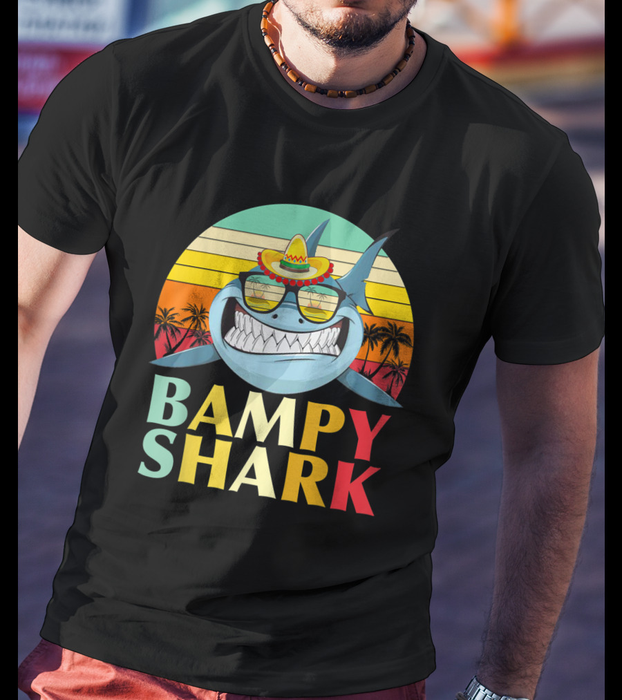 Bampy Shark Grandad From Grandchildren Shark With Sombrero And Sunglasses T-Shirt