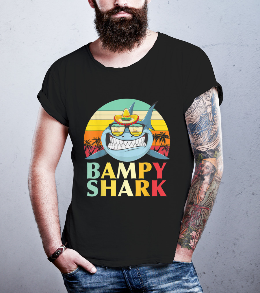 Bampy Shark Grandad From Grandchildren Shark With Sombrero And Sunglasses T-Shirt