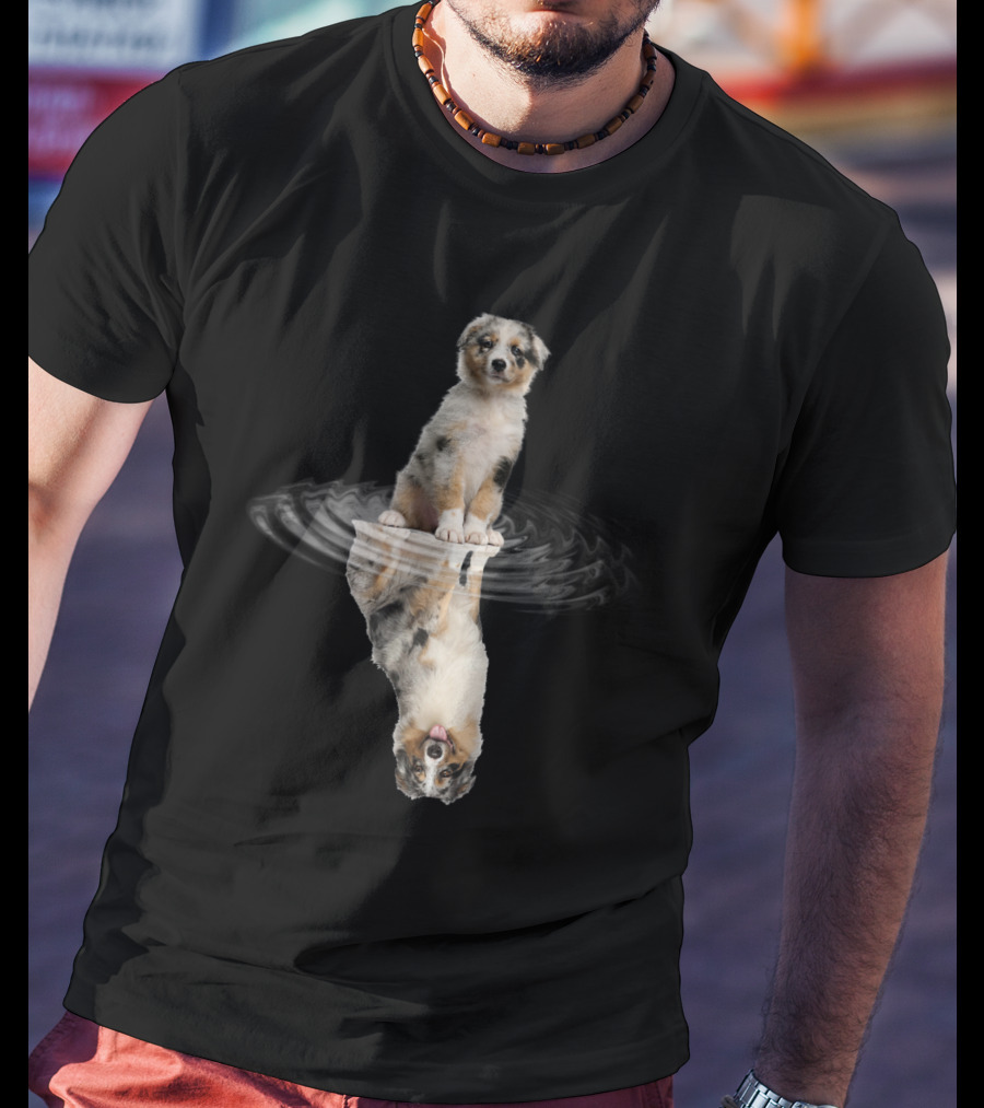 Australian Shepherd Puppy Reflection In Water Ripple T-Shirt