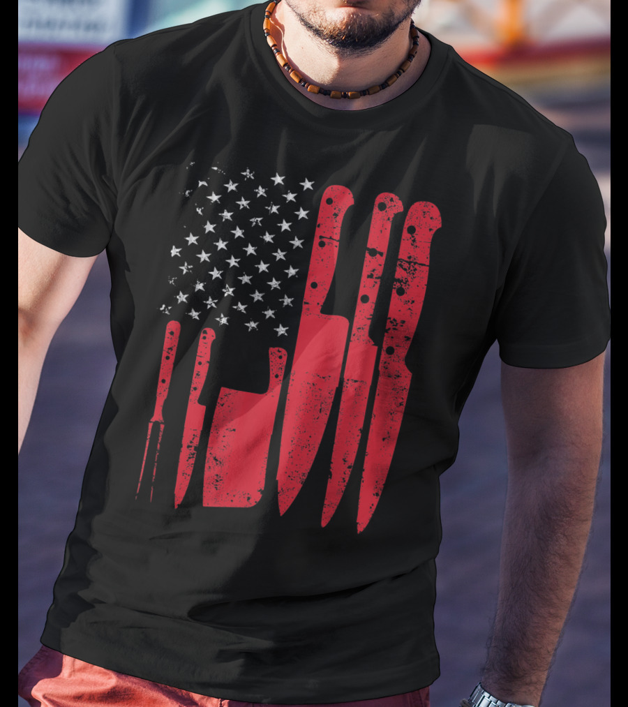 American Flag Stars Butcher Knife Set Vintage Look T-Shirt