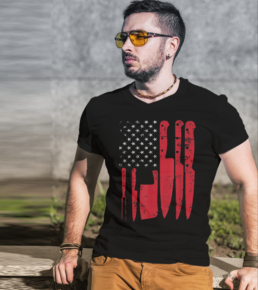 American Flag Stars Butcher Knife Set Vintage Look T-Shirt